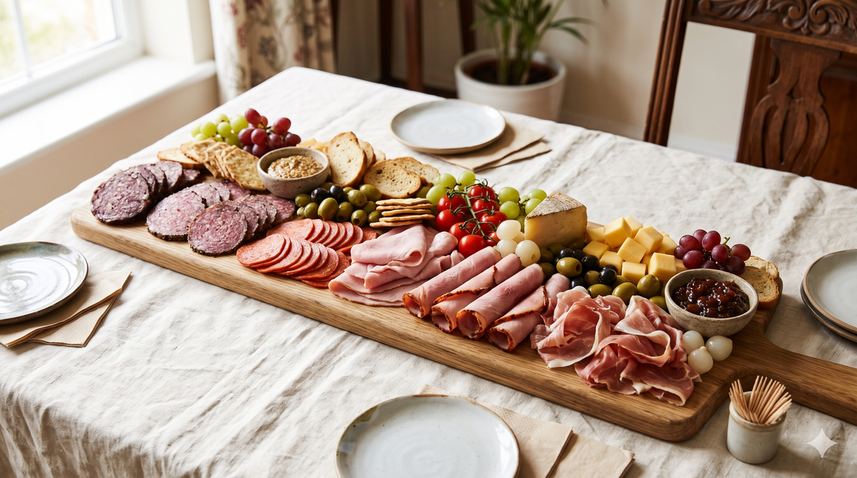 Cold cuts platter with Napoli and Milano salami, pepperoni, cooked ham and Parma ham on a wooden board