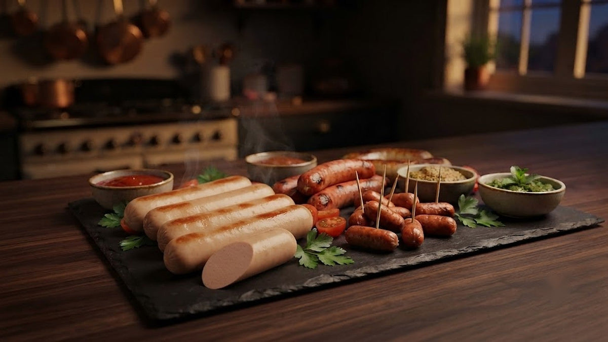 Keells Krest chicken sausages and cocktail sausages on a slate platter with dips, Fresh'N Frozen Delhi NCR