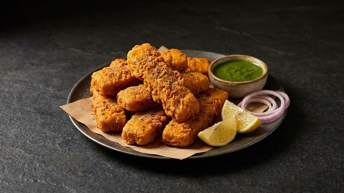 Amritsari fish fry made with basa fillets, with mint chutney, lemon and onion rings, Fresh'N Frozen