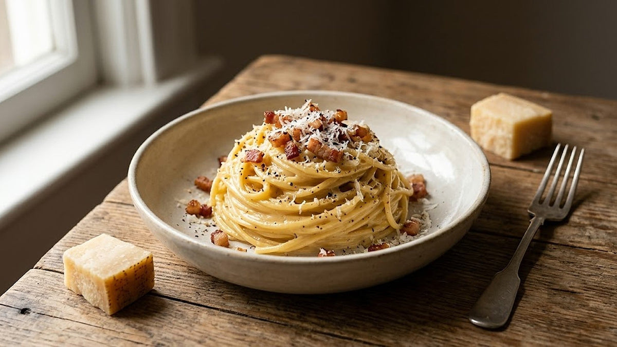 Spaghetti carbonara with crisp smoked bacon, Parmesan and black pepper, Fresh'N Frozen