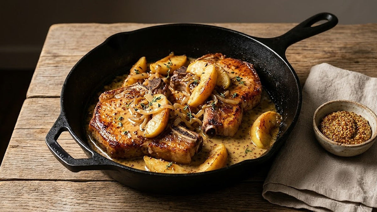 Pan-seared bone-in pork chops with apple and mustard sauce in a cast-iron pan, Fresh'N Frozen