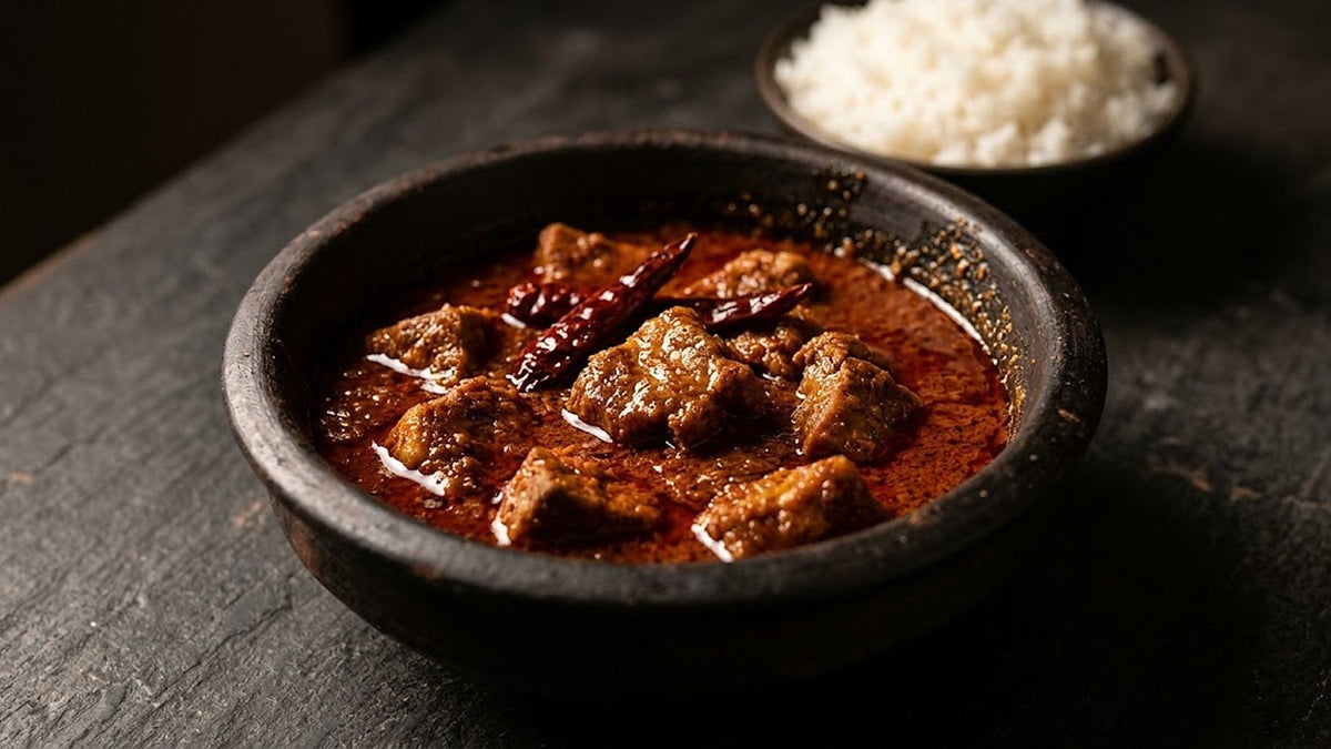 Goan pork vindaloo in a dark clay bowl with dried Kashmiri chillies and rice, Fresh'N Frozen