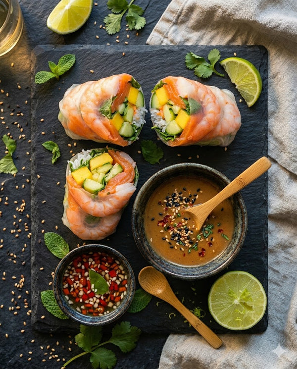 King Prawn and Smoked Salmon Rice Paper Rolls with Sesame-Ginger Dipping Sauce