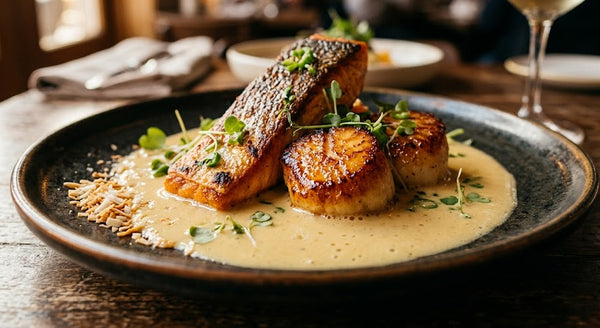 Pan-Seared Scallops and Salmon with Mango Coconut Sauce
