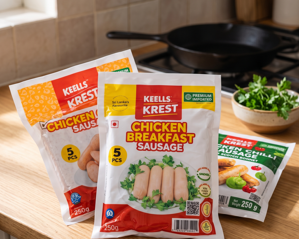 Keells Krest Chicken Sausage Trio: Breakfast, Garlic & Chilli (3 × 250 g | 15 pcs)