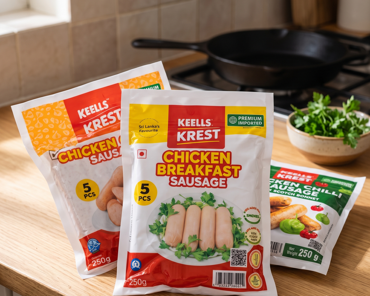 Keells Krest Chicken Sausage Trio: Breakfast, Garlic & Chilli (3 × 250 g | 15 pcs)
