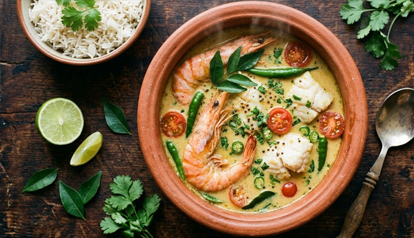 Kerala-Style Coconut Curry with Colossal Prawns and Basa
